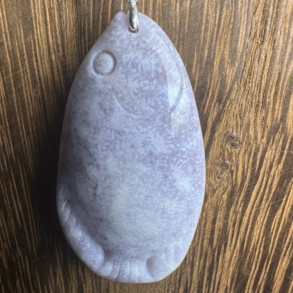 Ice Purple Coral Fossil Jade Fish Pendant Necklace on Brown Faux Suede - Picture 8 of 16